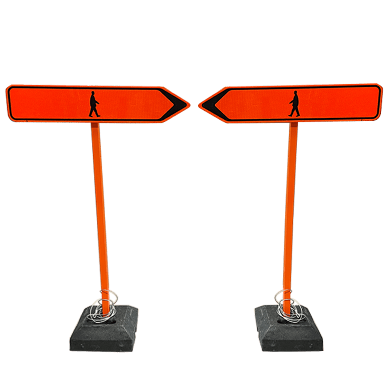 Huur koop van tijdelijke wegsignalisatie - set verkeersborden F41 wegomlegging voetgangers met pijl links en rechts. Parkeerborden, verkeersborden en werf-en wegsignalisatie huren en laten plaatsen. Werfsignalisatie.be gegarandeerd de voordeligste en beste signalisatiepartner in België.