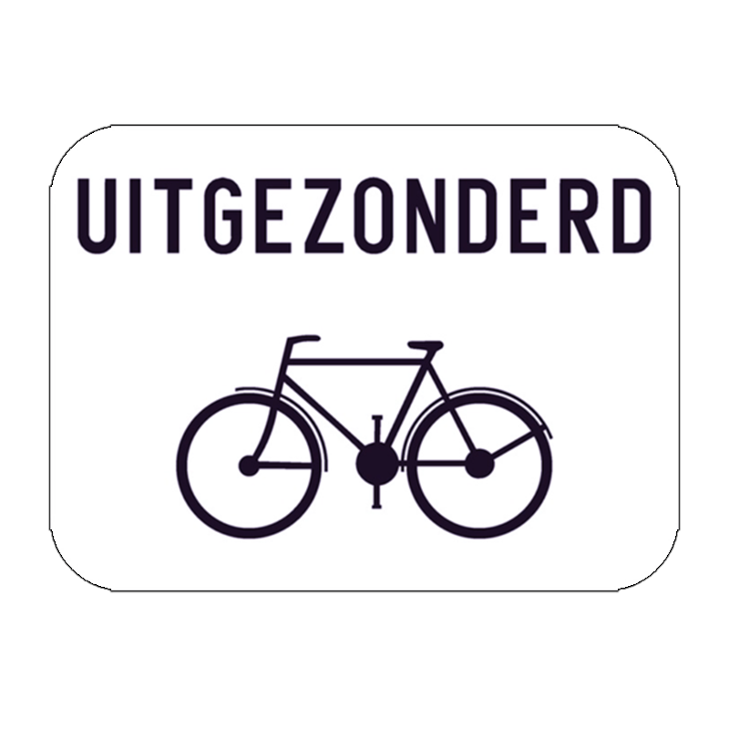 Tijdelijke wegsignalisatie verkeersbord onderbord type M2 met opschrift "uitgezonderd fietsers" huren. Parkeerborden, verkeersborden en werf-en wegsignalisatie huren en laten plaatsen. Werfsignalisatie.be gegarandeerd de voordeligste en beste signalisatiepartner in België.